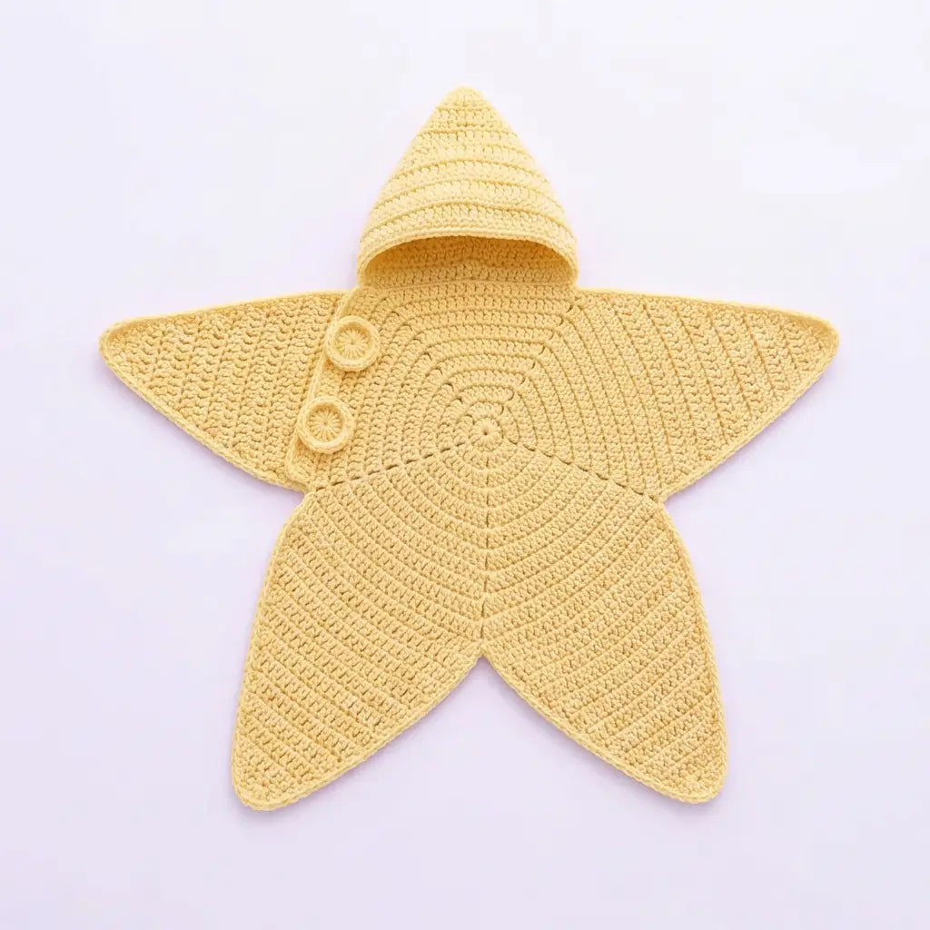 A yellow crocheted star-shaped baby bonnet or hat with a small hood and two decorative buttons, photographed on a plain light background.