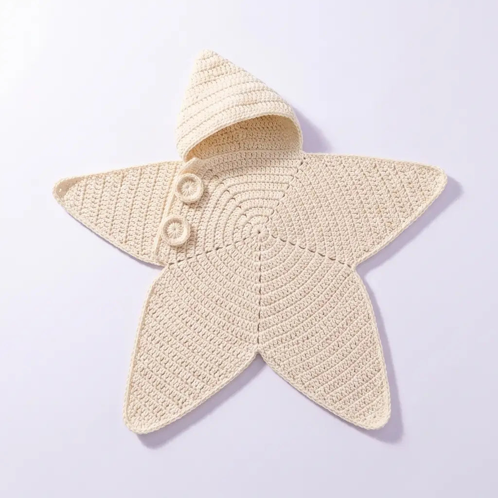 A cream-colored crocheted star-shaped baby blanket with a hood and two decorative buttons, displayed on a light lavender background.