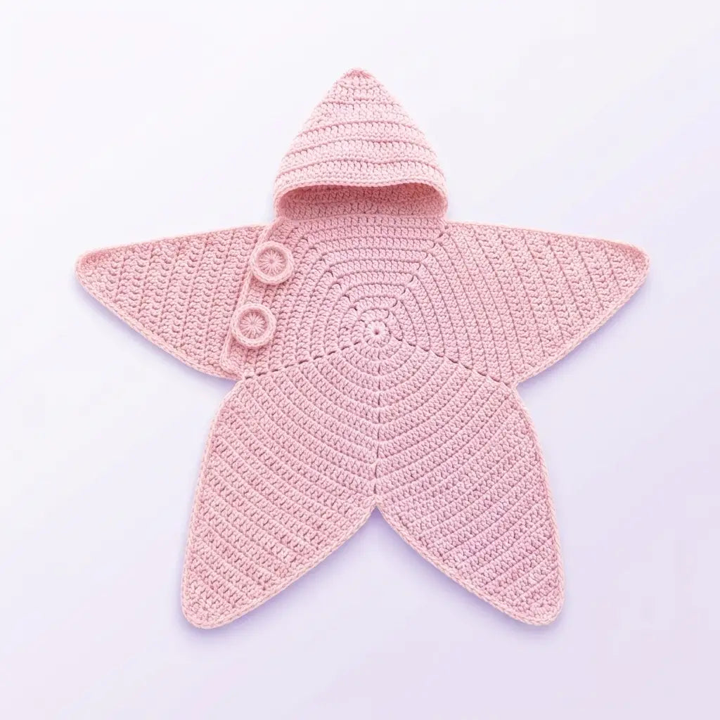 A light pink crocheted star-shaped baby blanket with a hood and two buttons, displayed on a clean white background.