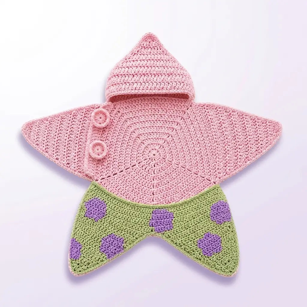 A crocheted star-shaped baby hat or bonnet with a pink top section, two pink buttons, and a green lower section with purple polka dots, shown on a plain light background.