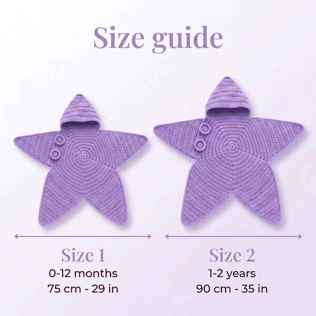 A size guide graphic showing two lavender crocheted star-shaped hooded baby garments labeled Size 1 (0-12 months, 75 cm - 29 in) and Size 2 (1-2 years, 90 cm - 35 in) on a pale background.